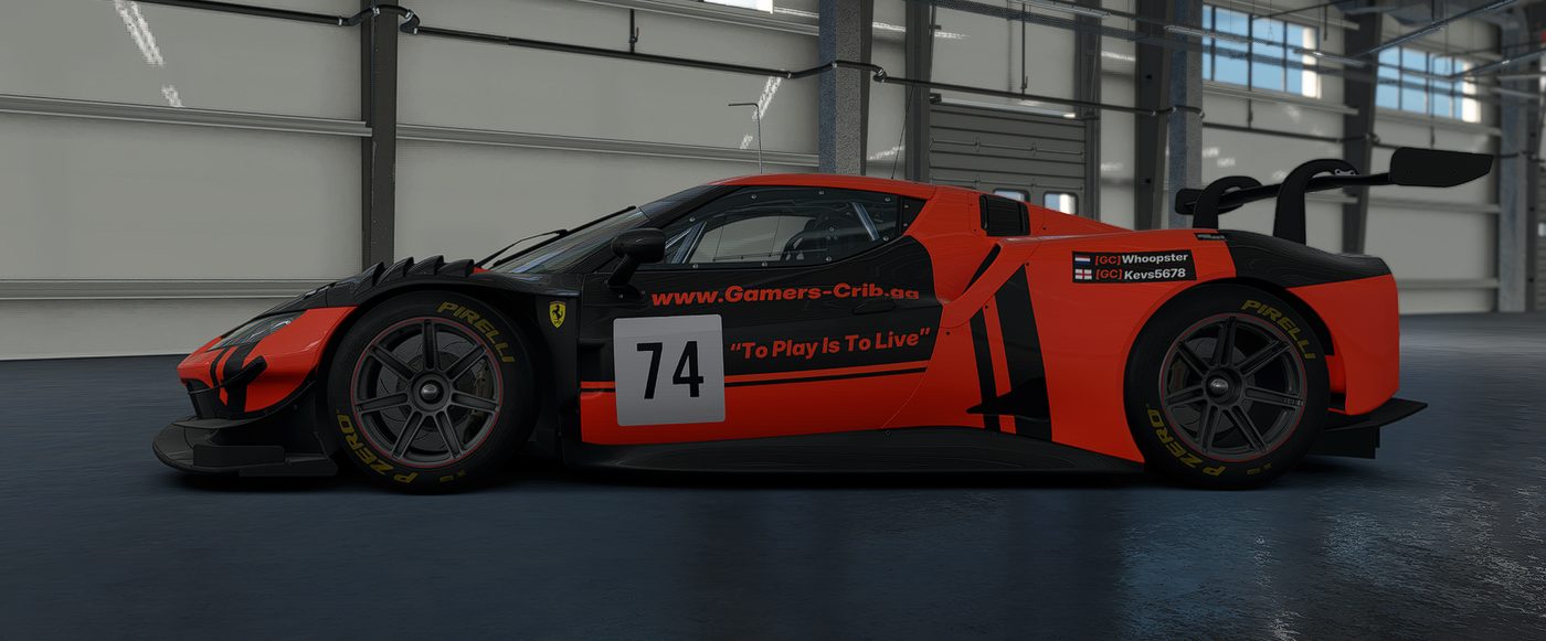 Ferrari 296 GT3 in the orange and black Gamers-Crib livery, car number 74